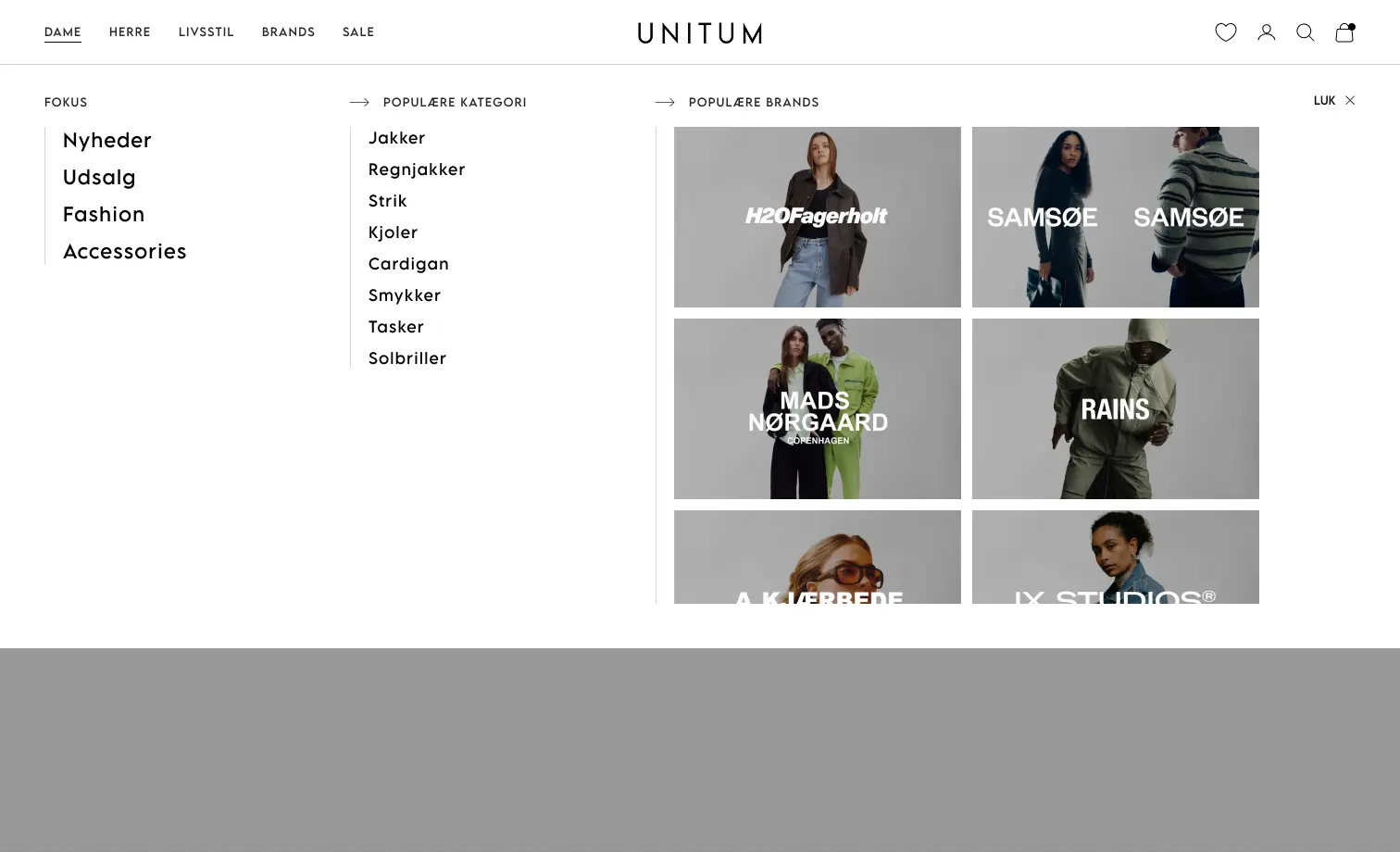 Unitum's mega menu Dame section